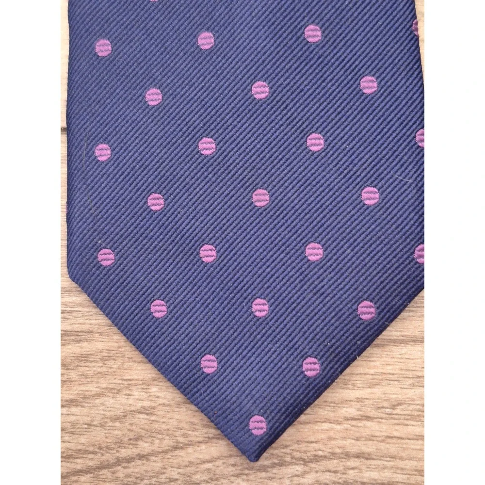 TM Lewin Mens Navy Blue Purple Polka Dot Pure Silk Handmade Necktie Tie